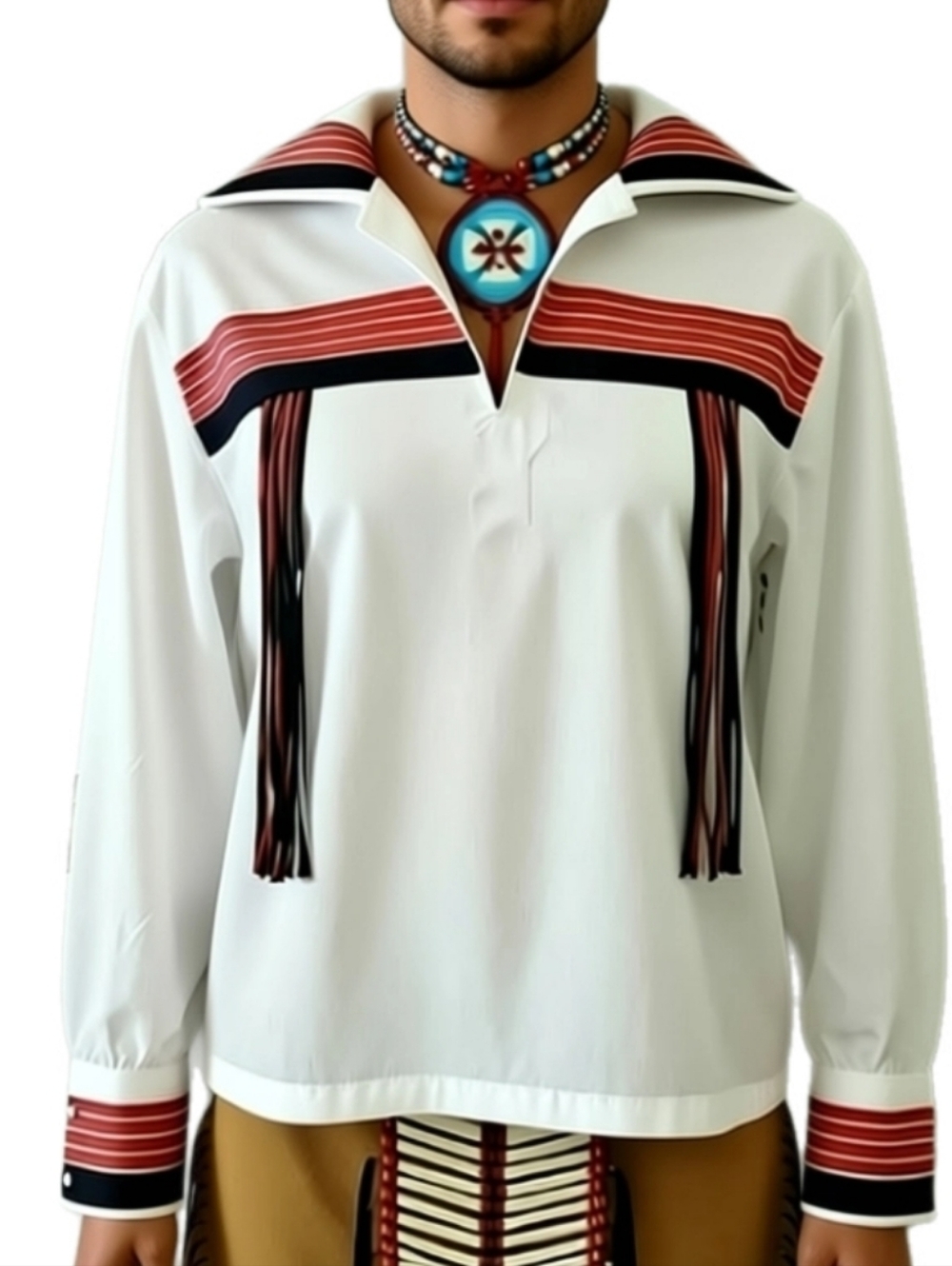 Men's White Ribbon Shirt with Red & Black Fringe Detail Size M